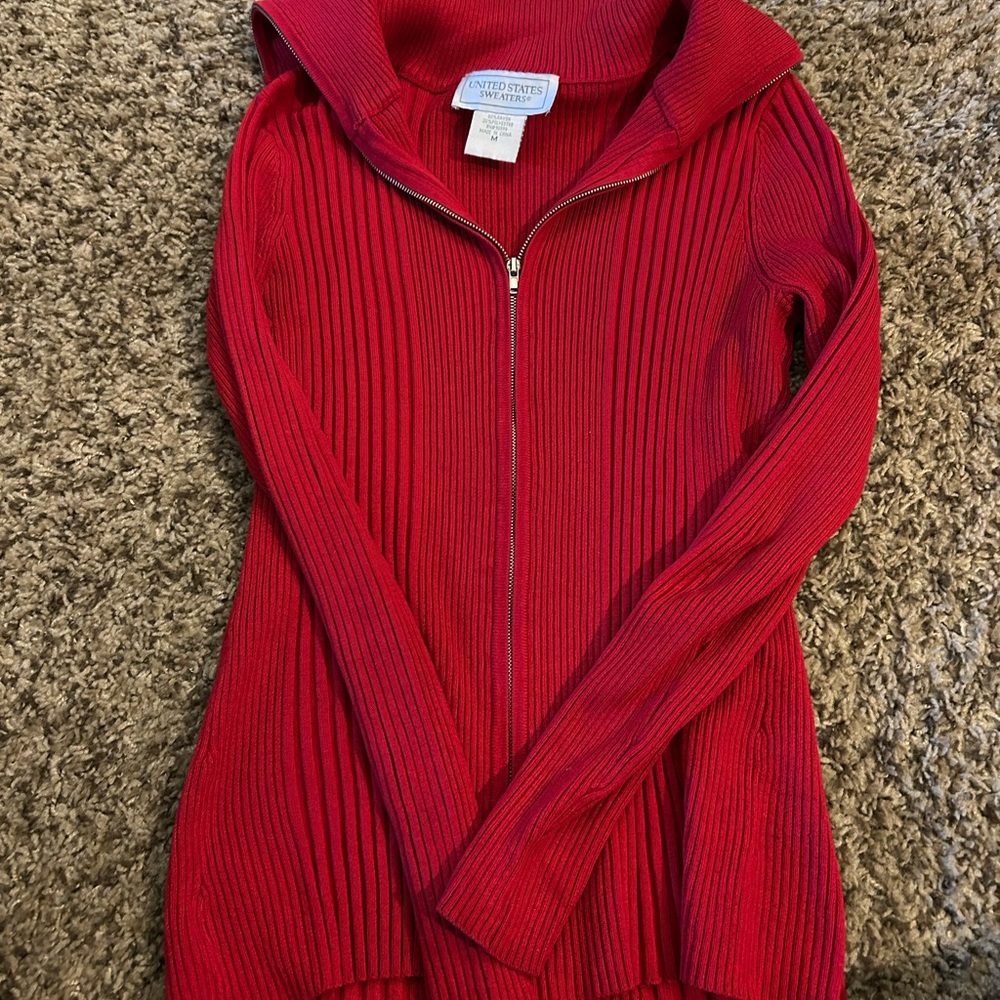 United States Sweaters Red Cowl Neck Zippered Sweater